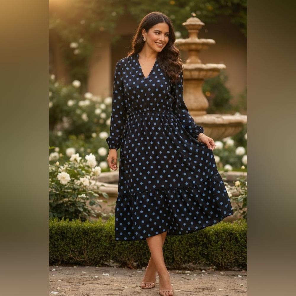 Anne Klein Navy Blue Polka Dot Long Sleeve Dress size 8